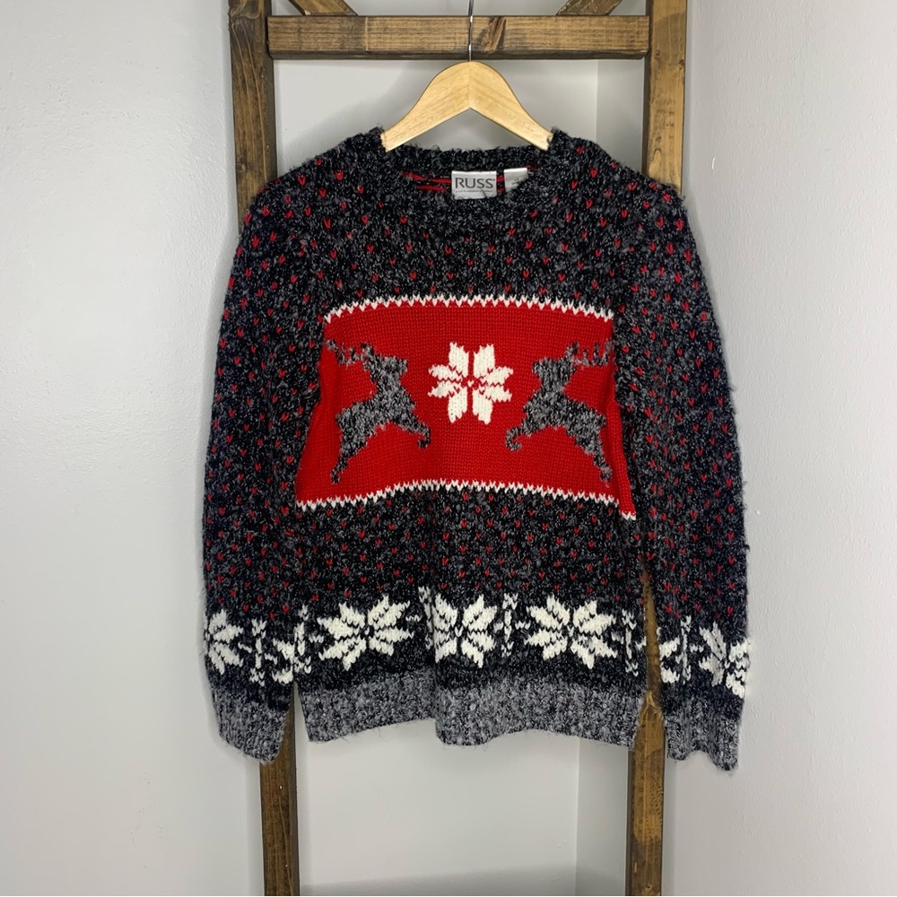 Russ Liz Claiborne Vintage Black and Red Reindeer Knit Sweater Size S